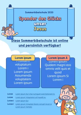 Werbung für eine Online-Ferienbibelschule mit Illustrationen von Charakteren auf einem blauen Meereshintergrund