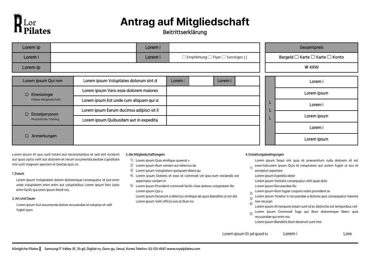Anmeldeformular für die Pilates-Mitgliedschaft im einfachen Stil