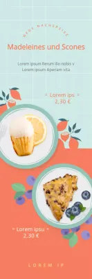 Dessertkarte für Madeleine-Scones, hervorgehoben durch hellblaue und orangefarbene Bilder