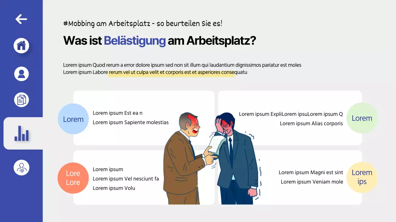 Schulung zur Prävention von Belästigung am Arbeitsplatz in einem blauen, übersichtlichen UI-Dashboard-Thema