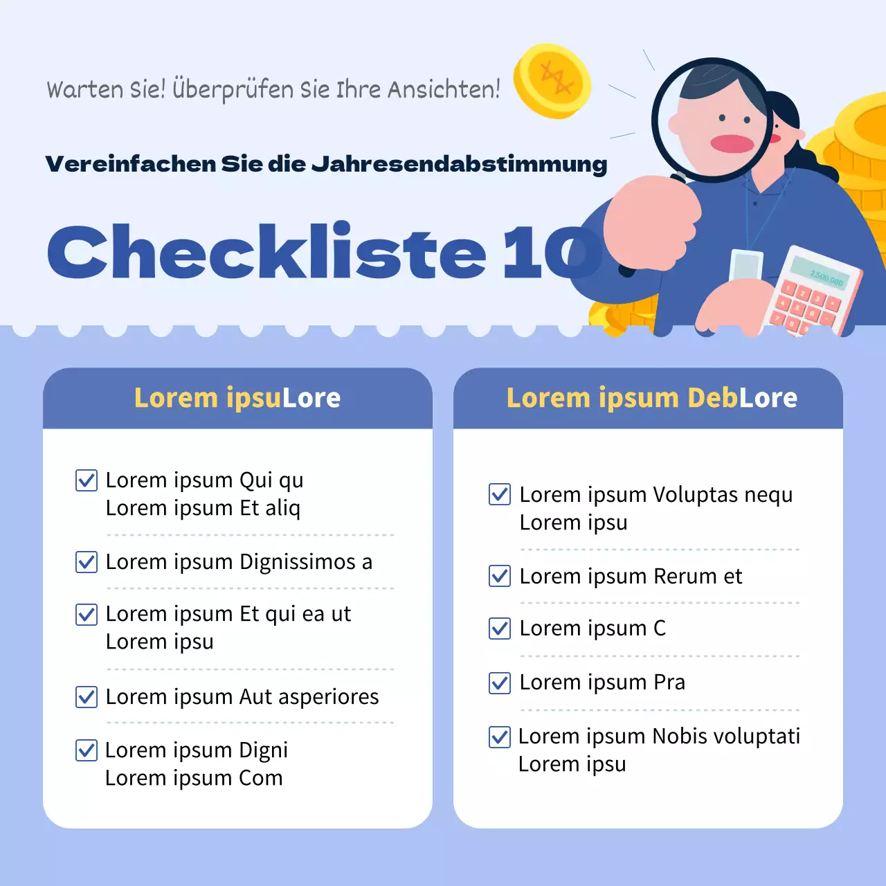Niedlich illustrierte Steuer-Checkliste zum Jahresende in Blau