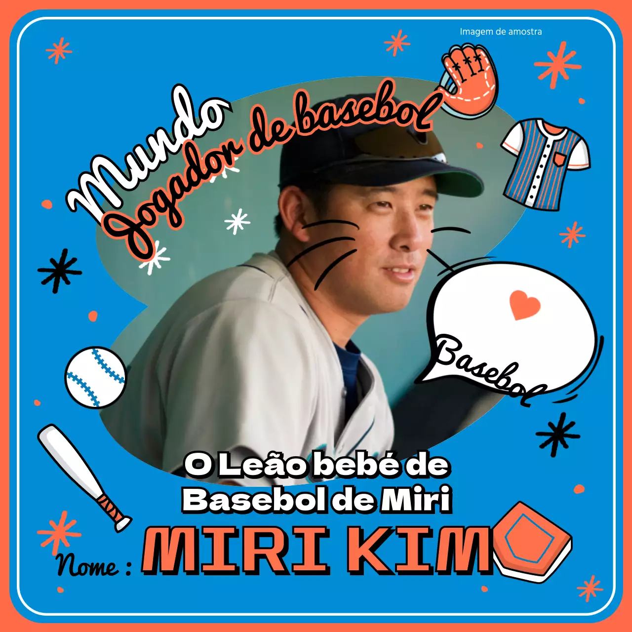 Uma página de cromos do desporto com uma moldura multicolorida e ilustrações engraçadas