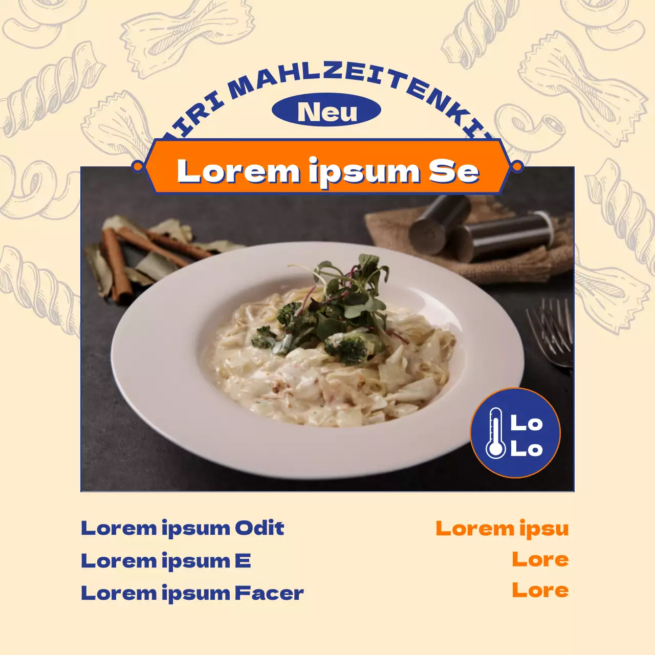 Bewerben Sie ein modernes Pasta-Mahlzeitenkit in Gelb und Orange