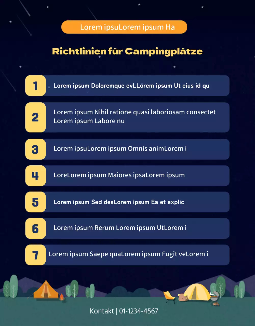 Anleitung mit Abbildungen eines nächtlichen Campingplatzes in Marineblau