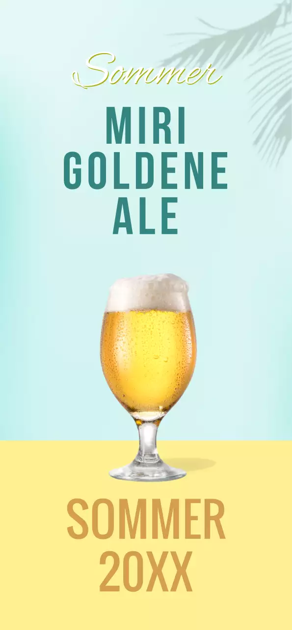 Banner mit gelbem Bier und Palmenschatten auf einem mintfarbenen Hintergrund
