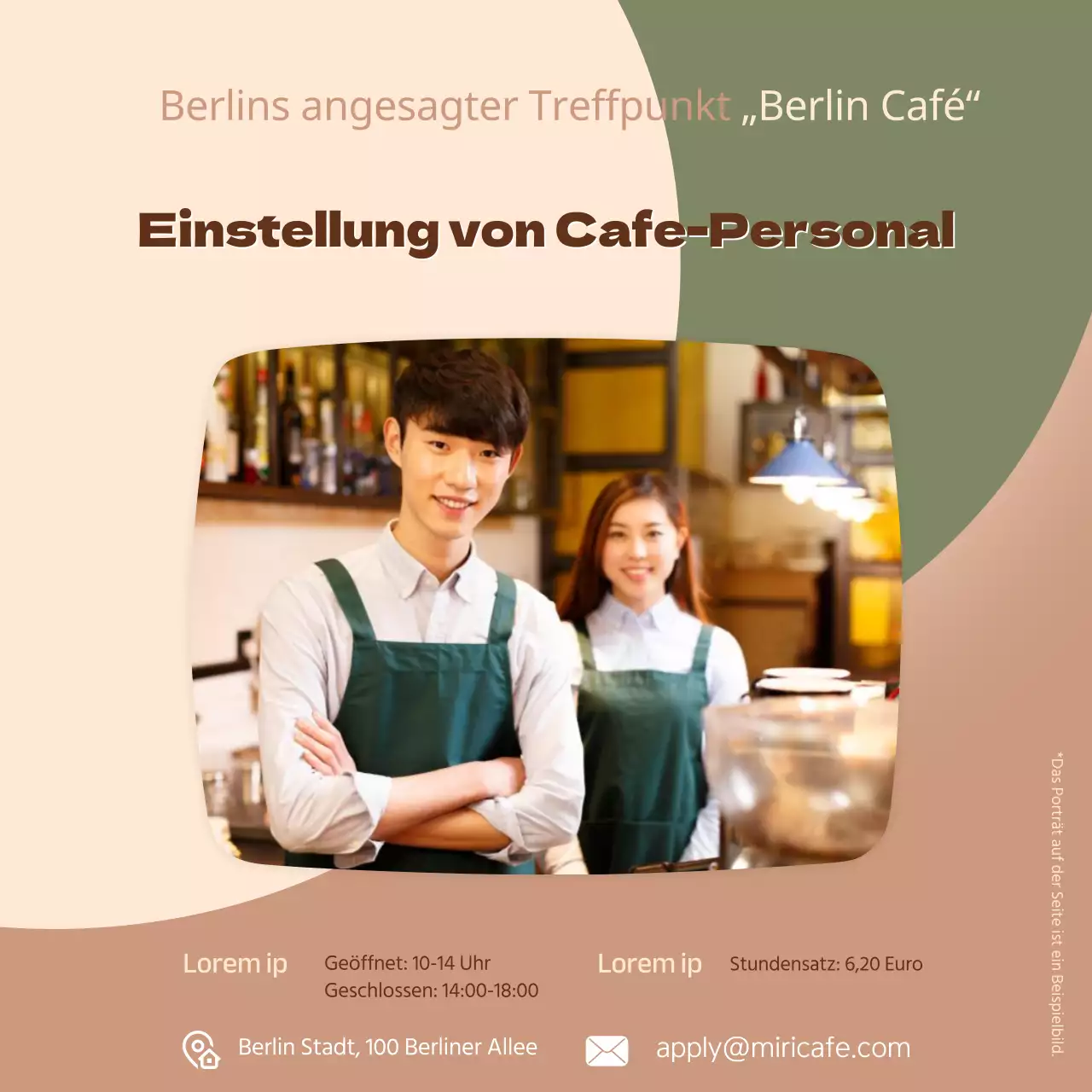 Stellenausschreibung für Cafe-Mitarbeiter mit Foto auf braunem und grünem Hintergrund V2