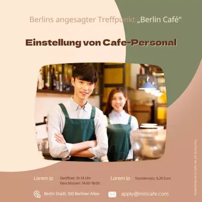 Stellenausschreibung für Cafe-Mitarbeiter mit Foto auf braunem und grünem Hintergrund V2