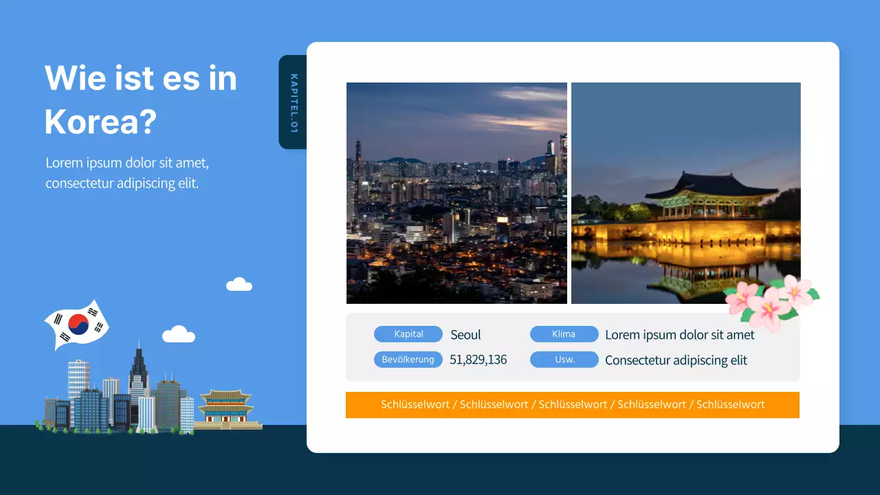 Blau und marineblau illustrierter Reiseführer für Südkorea