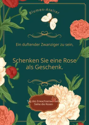 Coming-of-Age-Promotion mit einer grünen Vintage-Rosen-Illustration