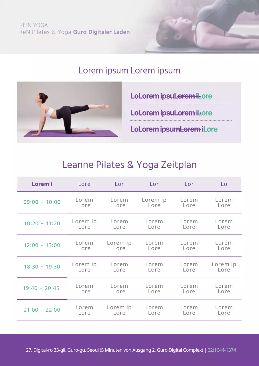 Stilvoller Pilates-Kursplan Werbeflyer in Lila