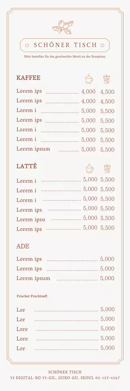 Ein Leitfaden für die Speisekarte des Cafés mit einem emotionalen Rahmenkonzept