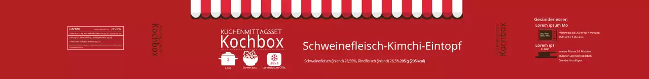 Rot illustriertes Etikett für Schweinefleisch-Kimchi-Eintopf