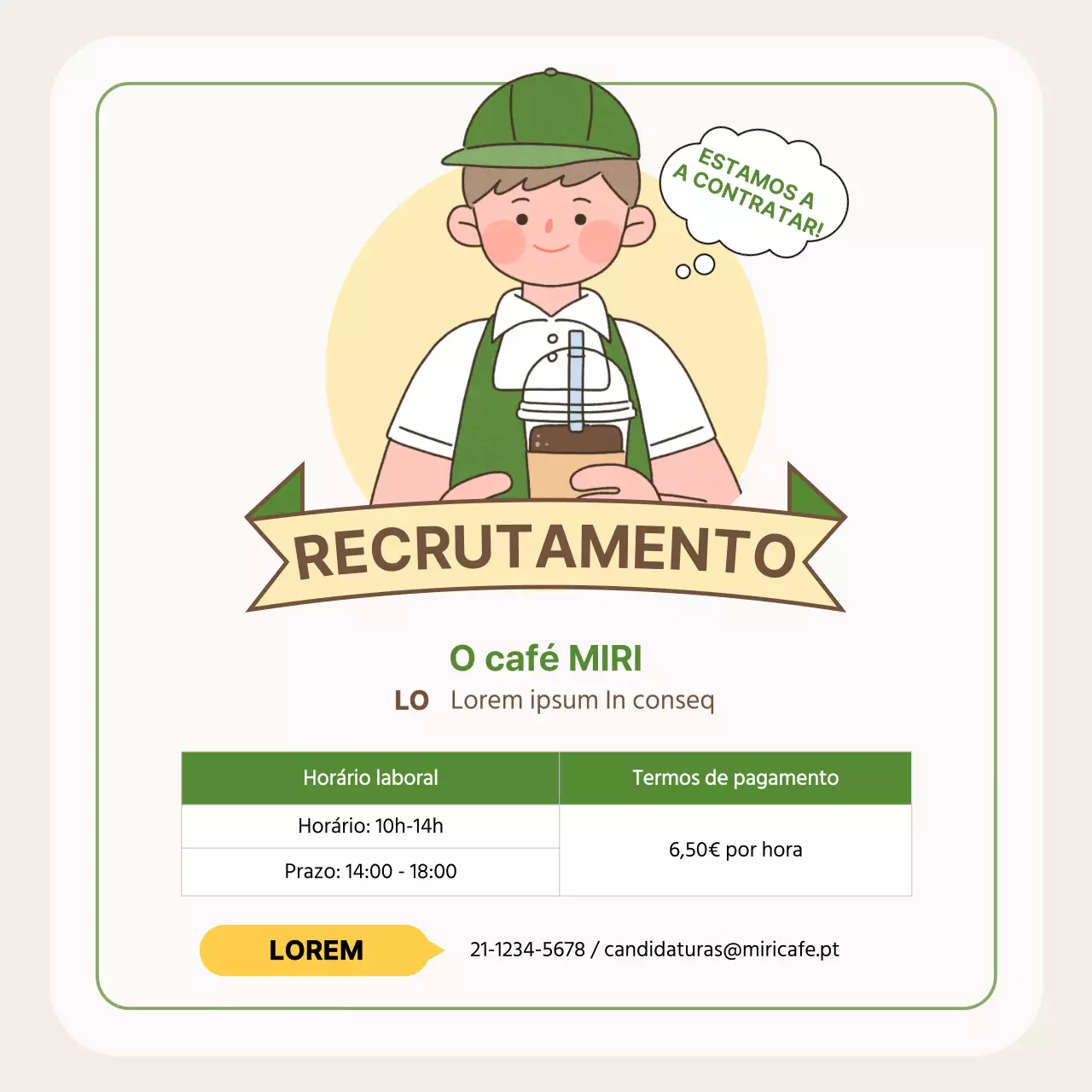 Anúncio de recrutamento de pessoal para um café com ilustrações giras em bege e verde V2