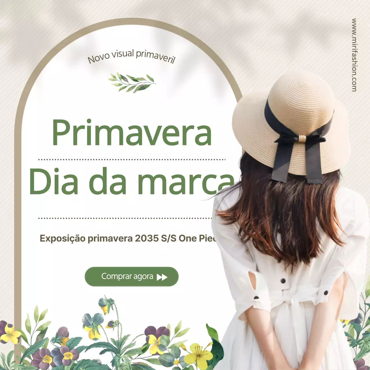 Vestidos de primavera com ilustrações florais em tons de bege e verde