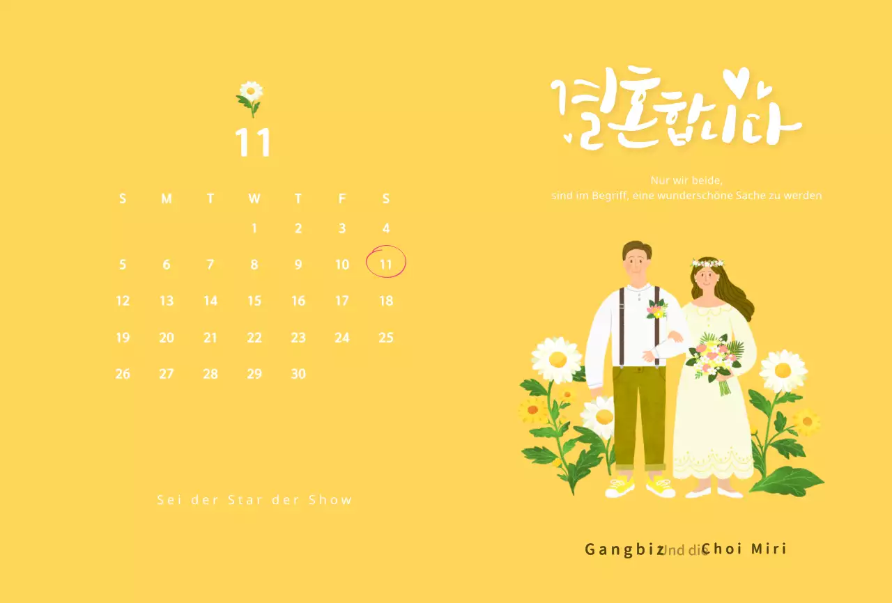 Hochzeitseinladung mit gelber Braut und Bräutigam Illustration Konzept