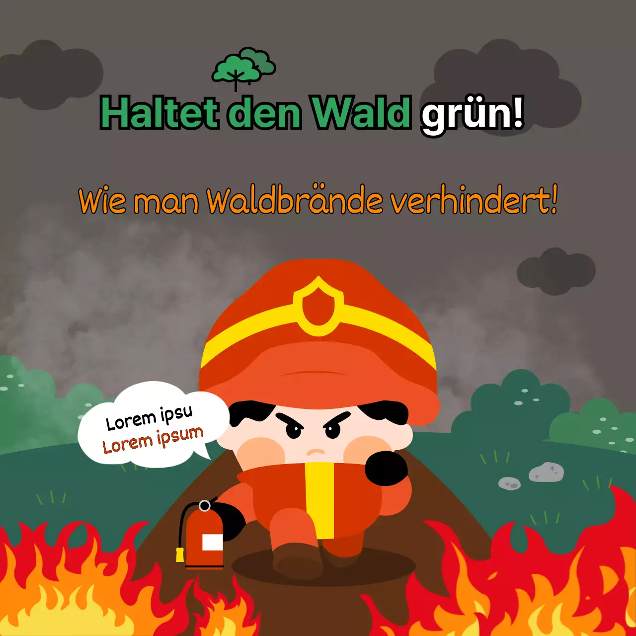 Brandschutztipps für die Buschbrände in der Trockenzeit im April in den Farben Orange, Rot und Grün mit einer einfachen, gut lesbaren und niedlichen plakatähnlichen Illustration.