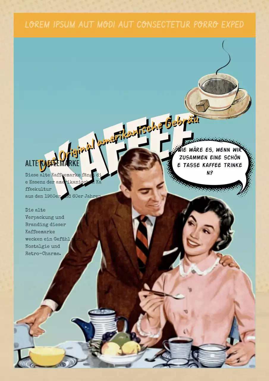 Werbung für eine alte Kaffeemarke in Beige und Hellblau