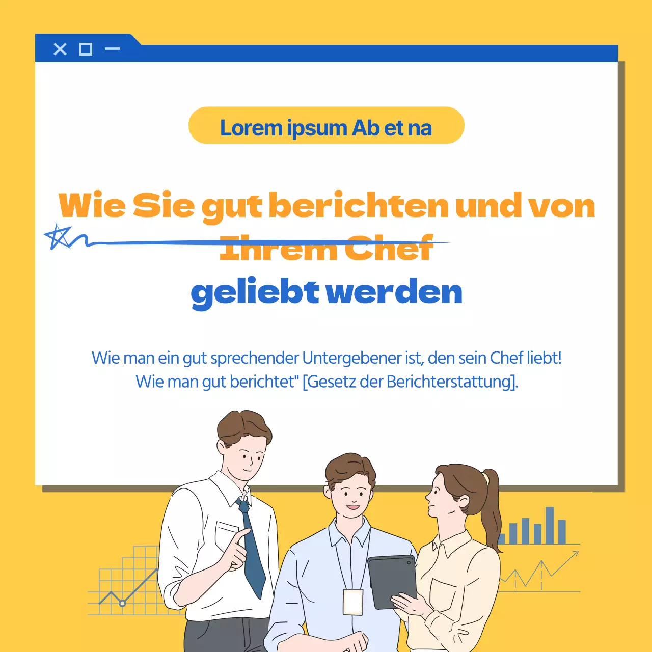 Blaue und gelbe Illustration Konzept Wie man gut bei der Arbeit berichten CardNews
