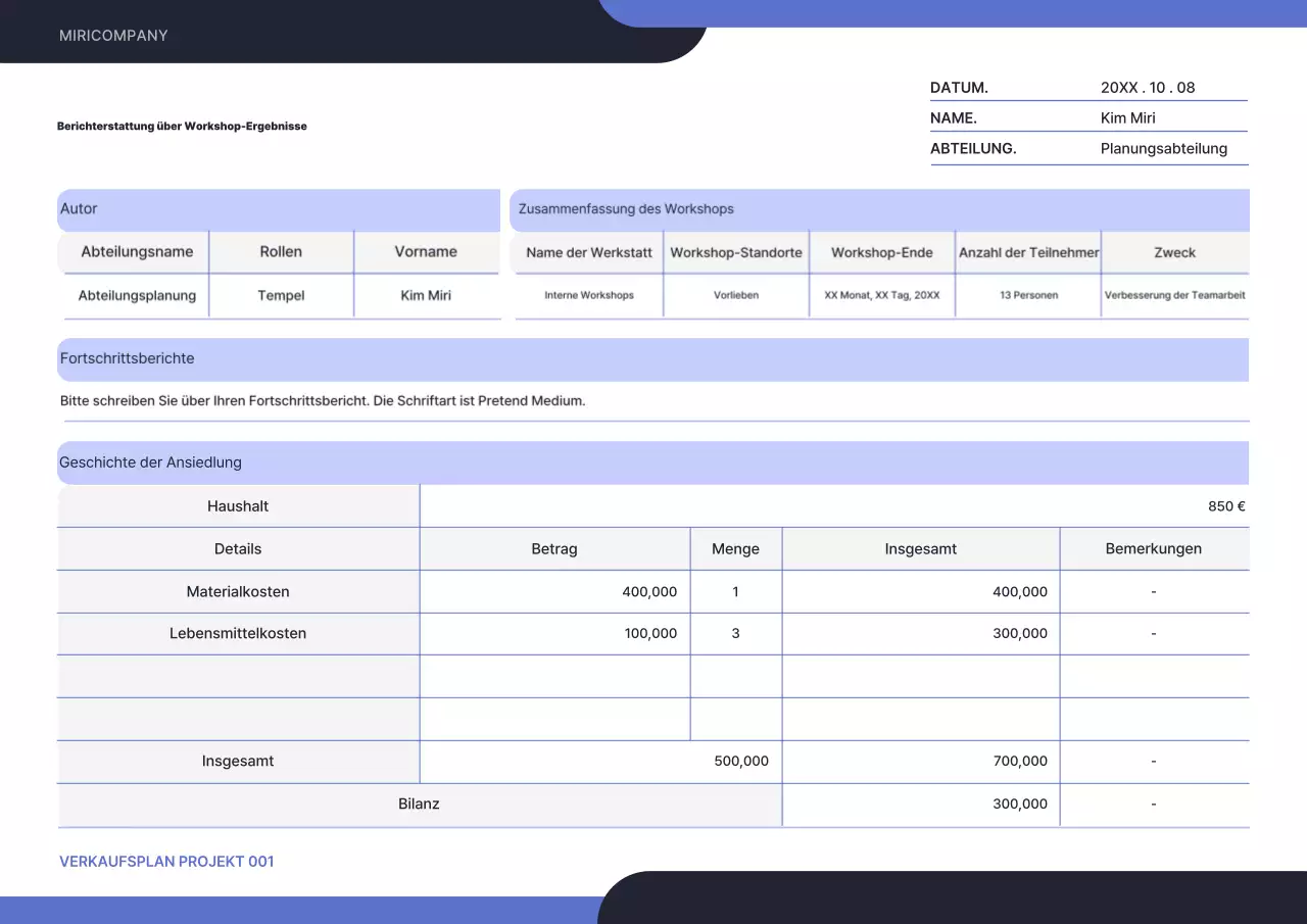 Workshop-Ergebnisbericht mit einem einfachen, abgerundeten Konzept in Schwarz und Blau