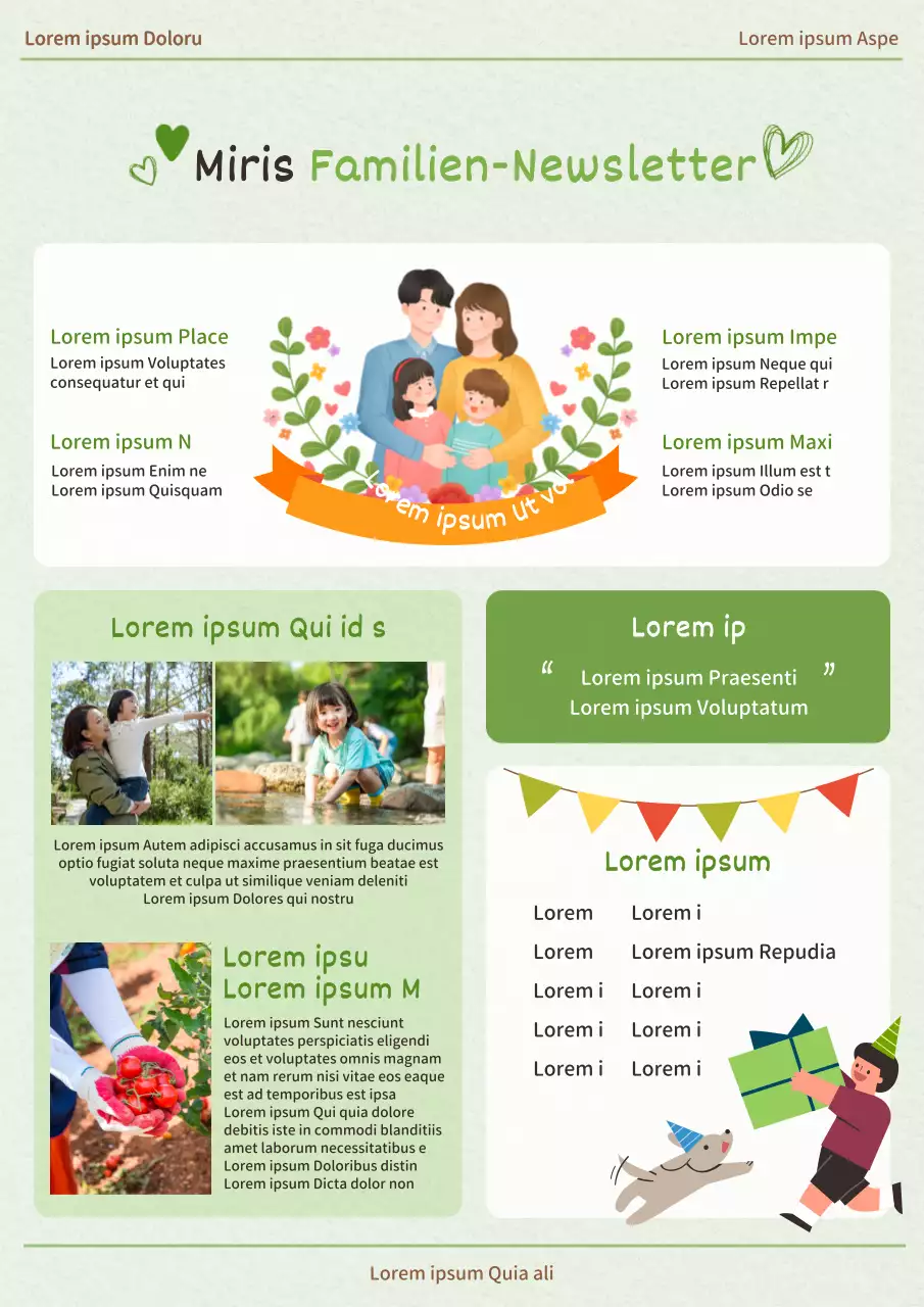 Ein heller und fröhlicher Familien-Newsletter in Chartreuse-Farben Family Newspaper