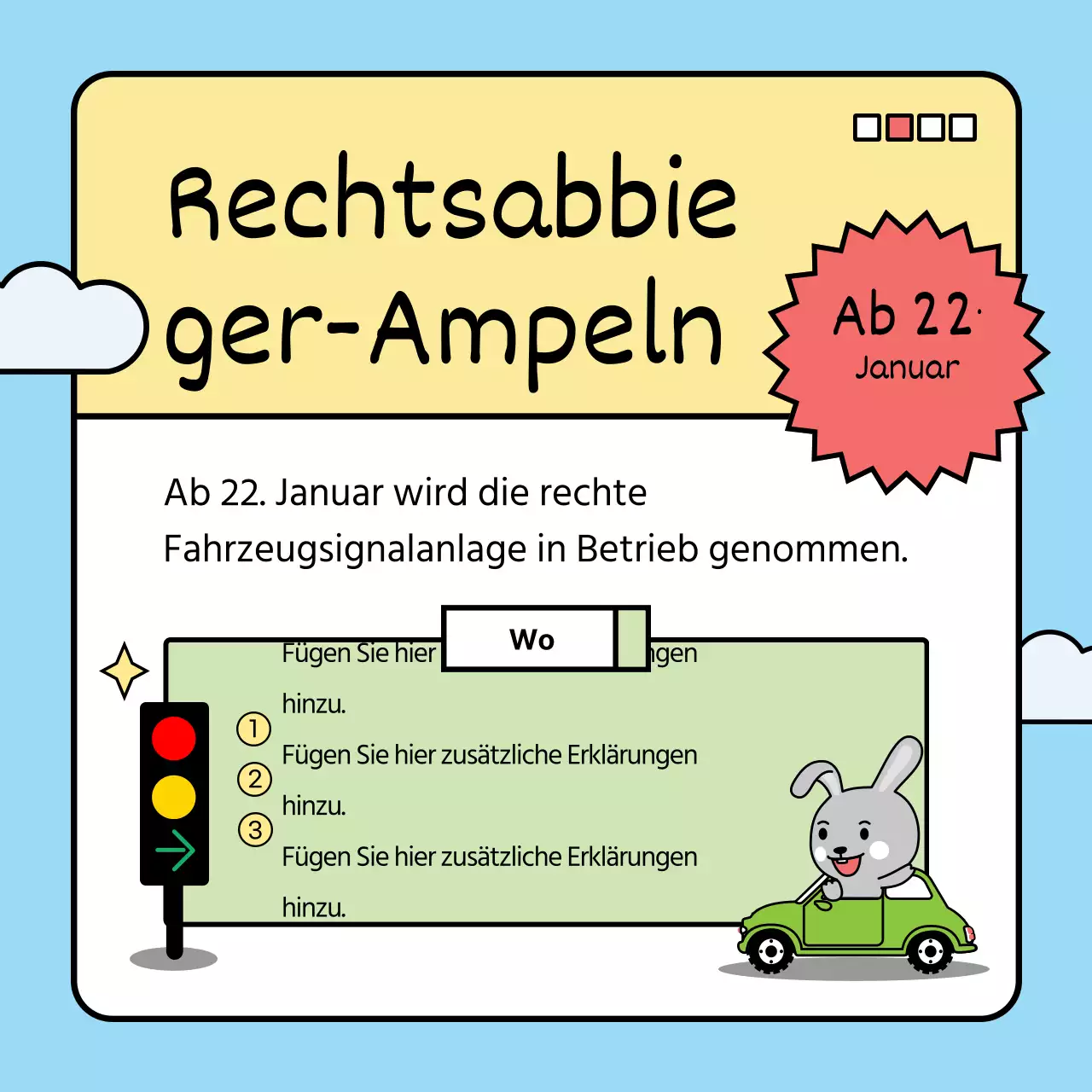 Ein niedliches Häschen in hellblauem und grünem Farbschema stellt die diesjährigen Änderungen der Politik vor