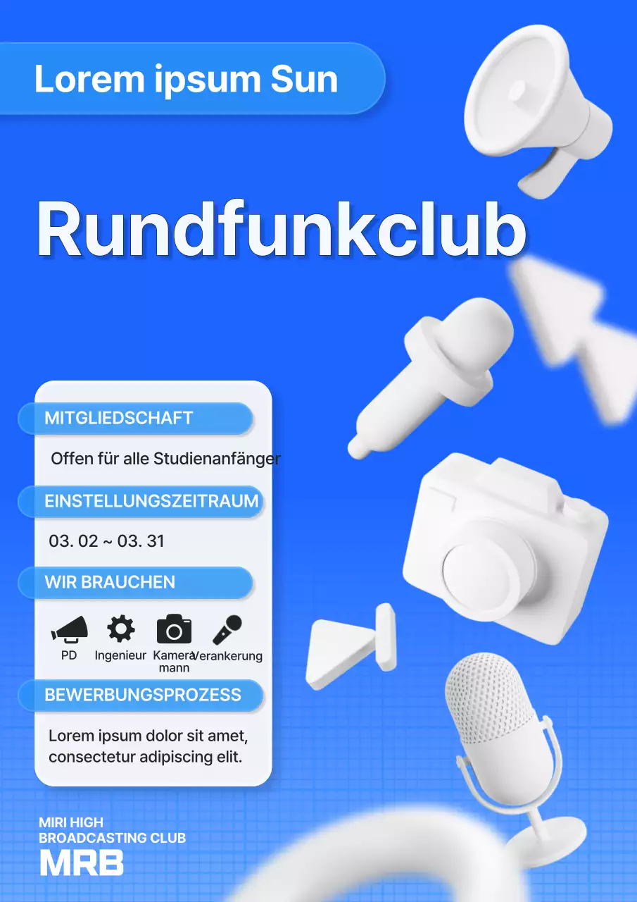 Rekrutierung neuer Mitglieder eines Highschool-Rundfunkclubs mit klarem Text in Blau und Weiß.
