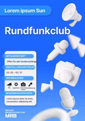 Rekrutierung neuer Mitglieder eines Highschool-Rundfunkclubs mit klarem Text in Blau und Weiß.