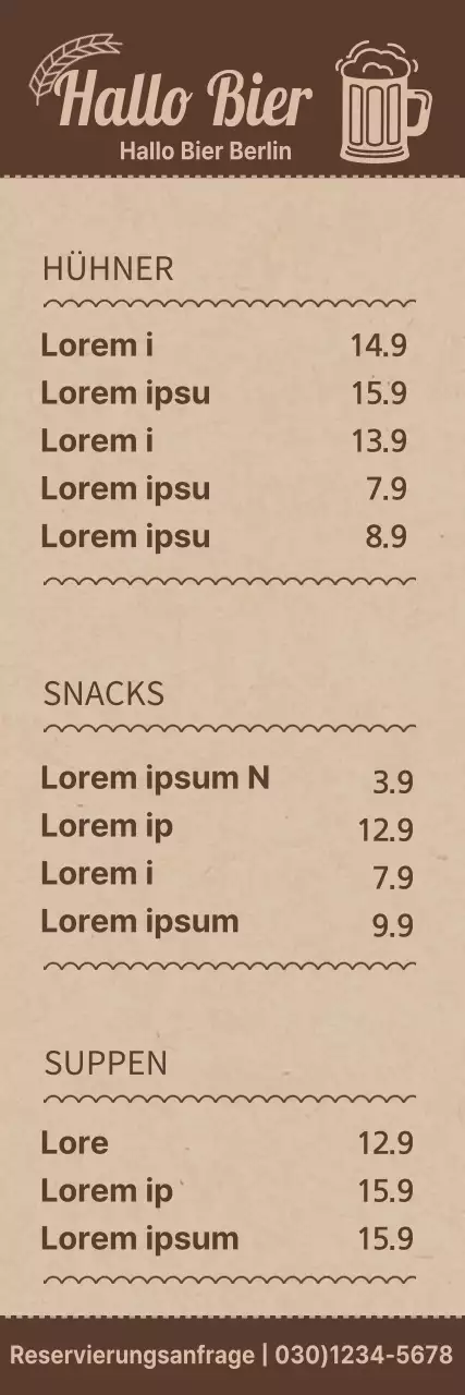 Menüführer für eine Brauerei mit einfachem Konzept in braunen und hellbraunen Farben