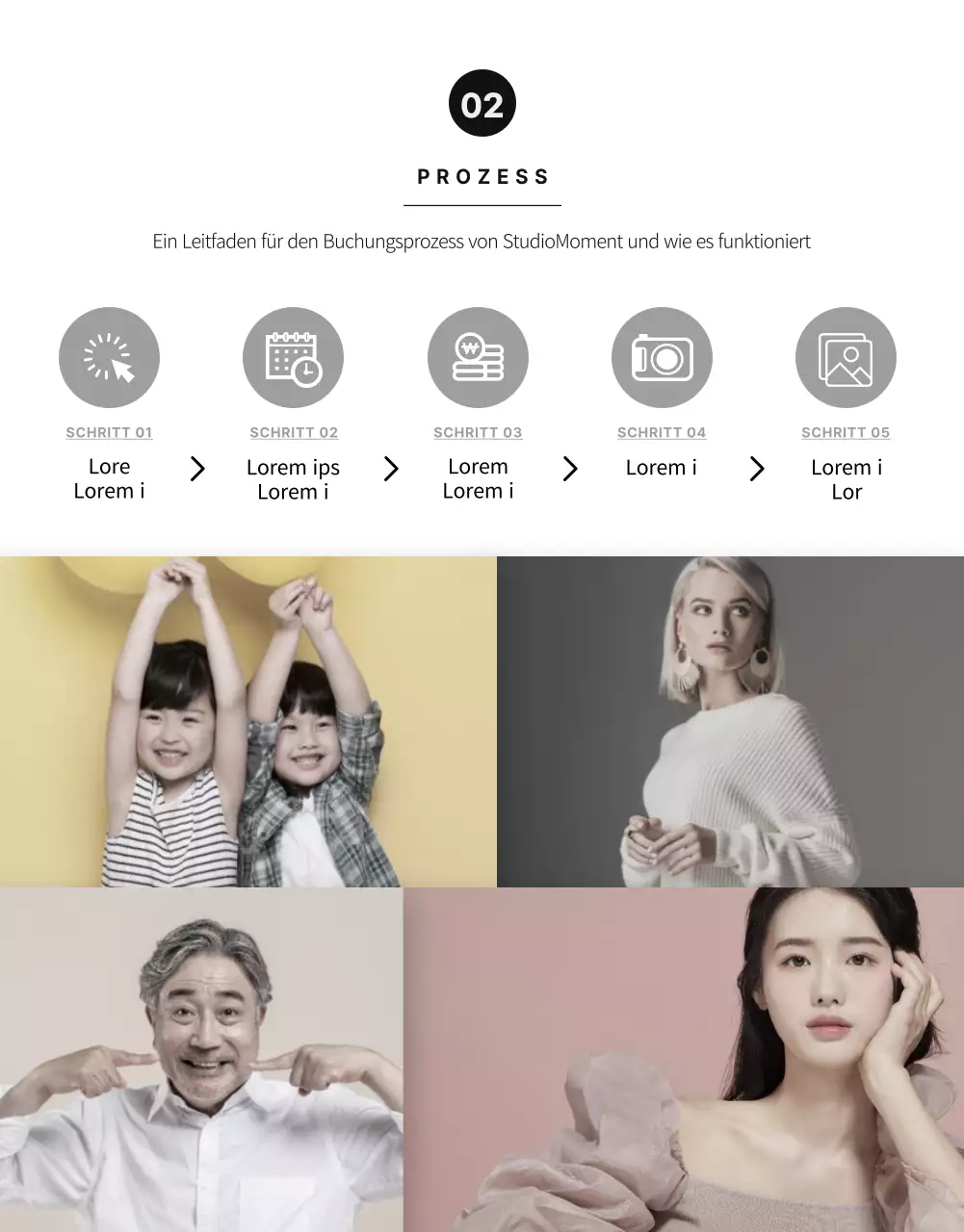 Fotostudio-Detailseite mit schwarzen und weißen Farbtönen