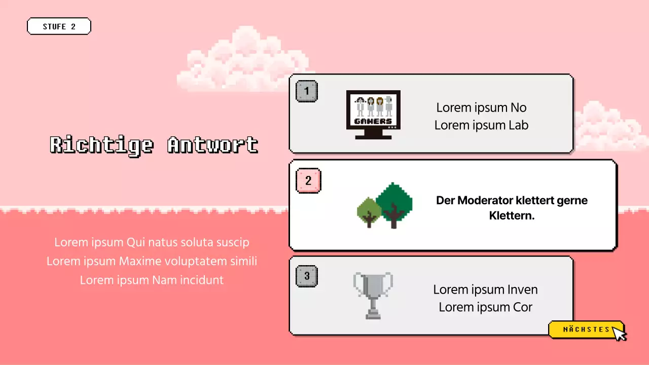 Workshop-Quizspiel mit blau-gelber Pixel-Optik