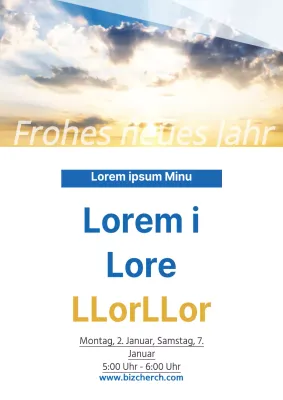 Werben Sie mit einem blau-gelben Himmelsfoto für das besondere Neujahrsgebet in einer einfachen Kirche