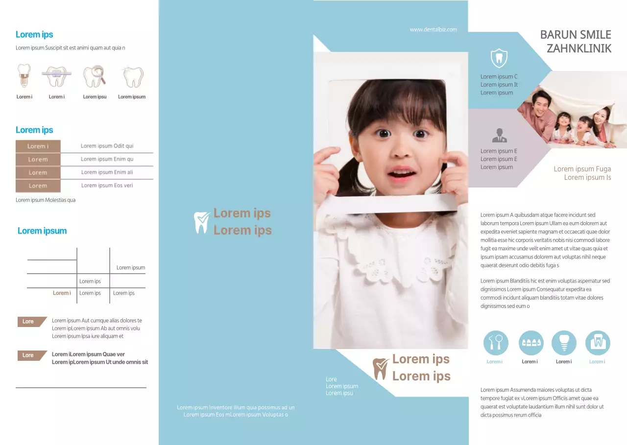 Hellblauer und weißer, klarer Stil zur Werbung und Information für Ihre Zahnarztpraxis