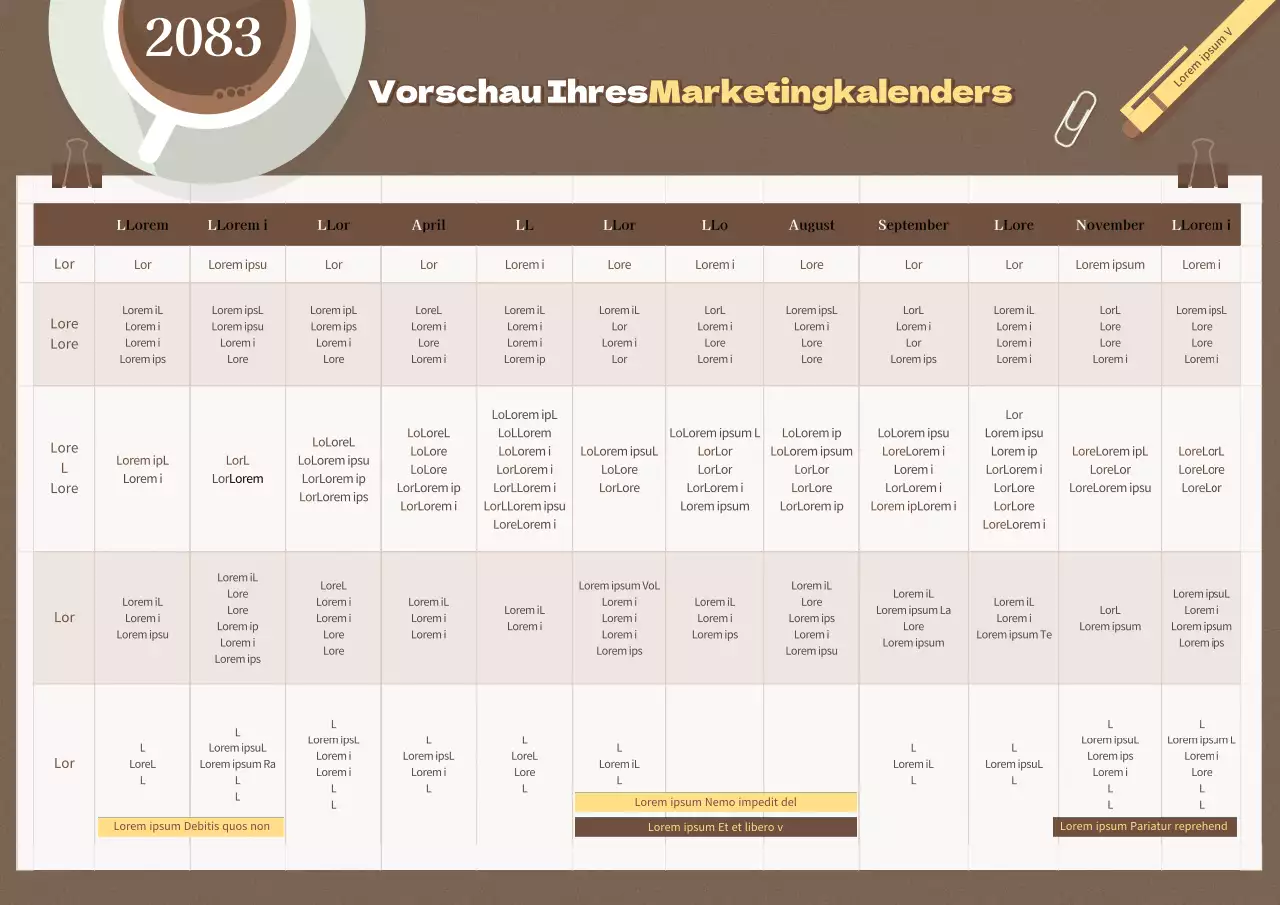Ein einfacher, illustrierter Jahreskalender in Braun und Gelb