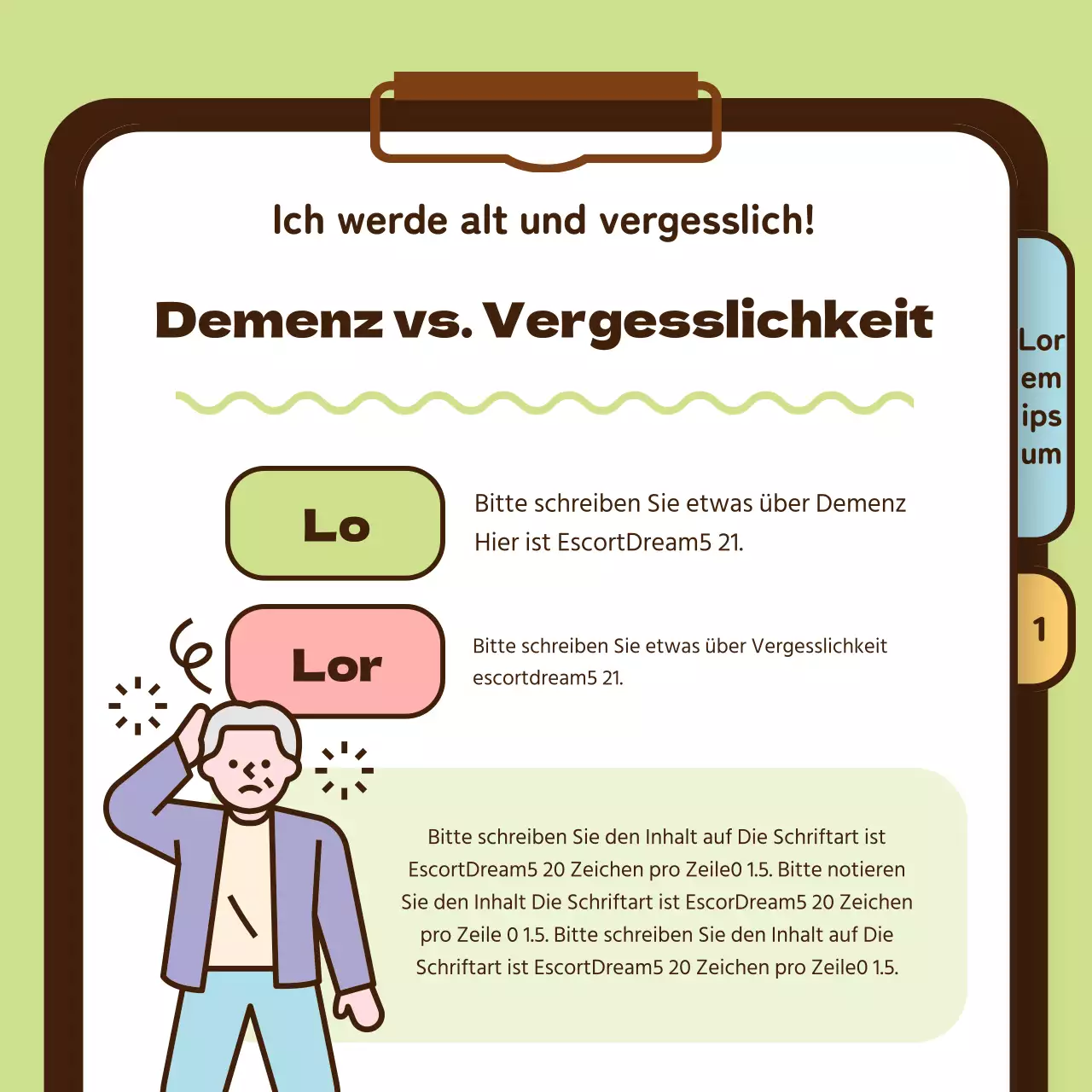 Gesundheitsinformationen für ältere Erwachsene mit Alzheimer-Krankheit in Gelb-Chartreuse-Hellblau