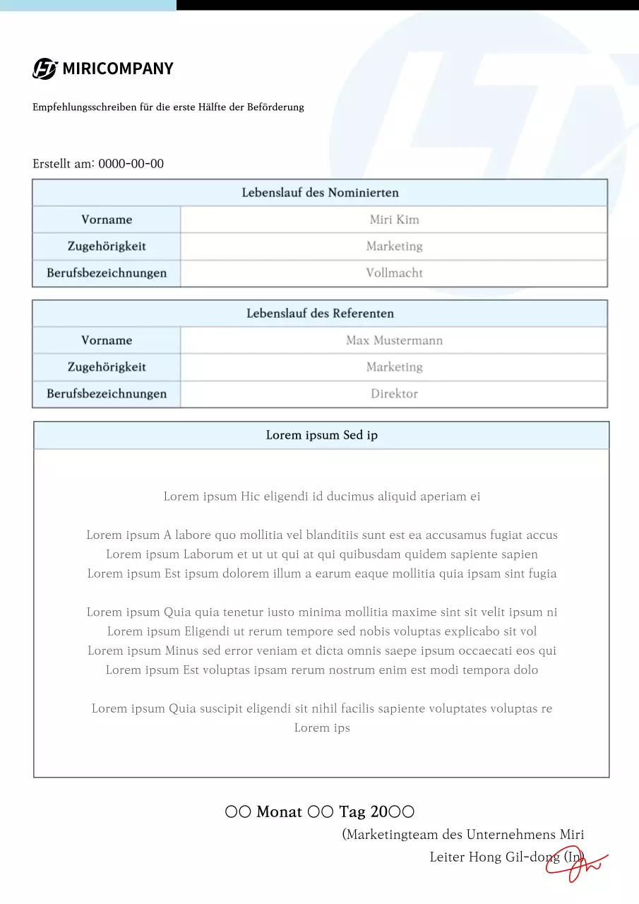 Hellblaue Förderung Empfehlung Dokument Vorlage