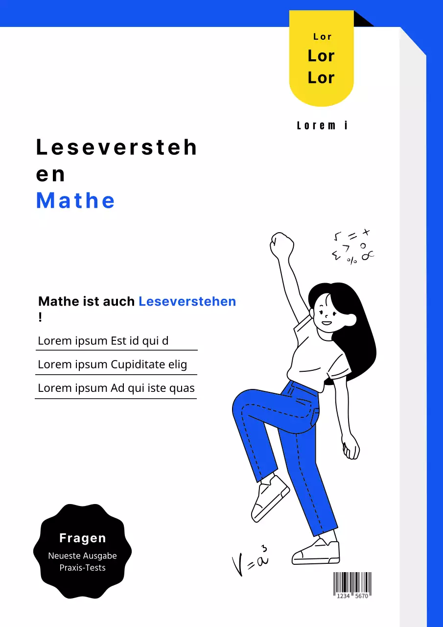 Blauer und gelber buchähnlicher Einband mit sauberen und niedlichen Illustrationen für Mathe-Prüfungsaufgaben für K-12