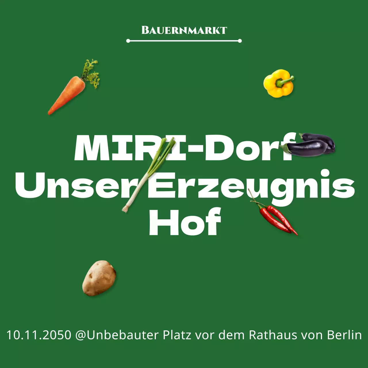 Ein Wegweiser zum Bauernmarkt in der Mitte des Hofes mit einer einfachen, grün getönten Abbildung von Produkten