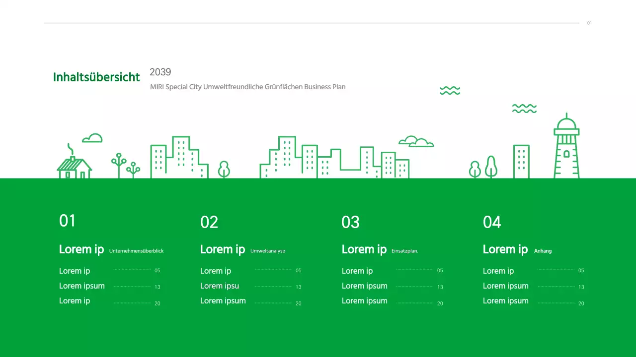 Businessplan mit einem grünen, sauberen, illustrierten Konzept