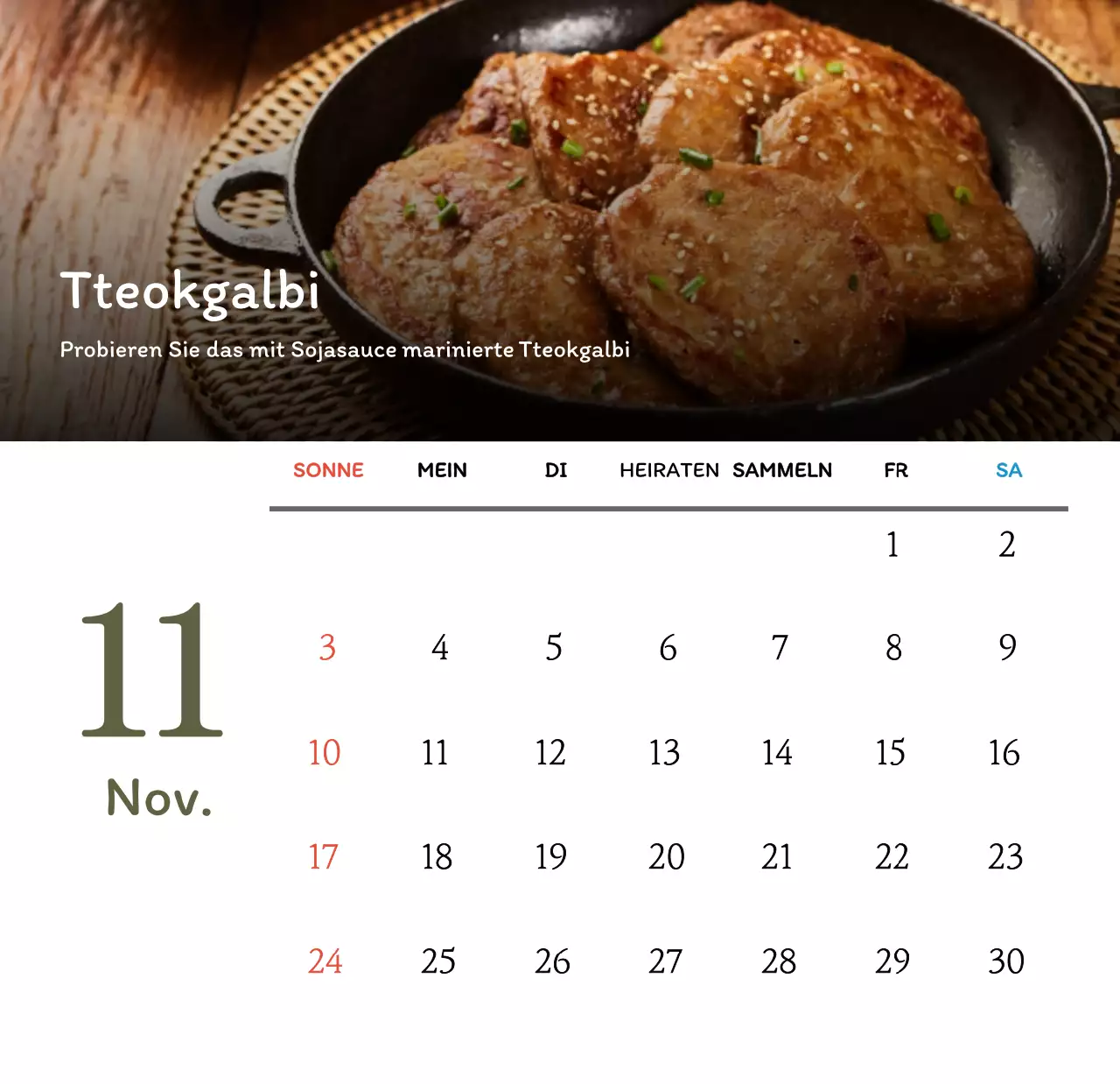 Traditioneller koreanischer Restaurantkonzept-Gutscheinkalender in Beige und Braun