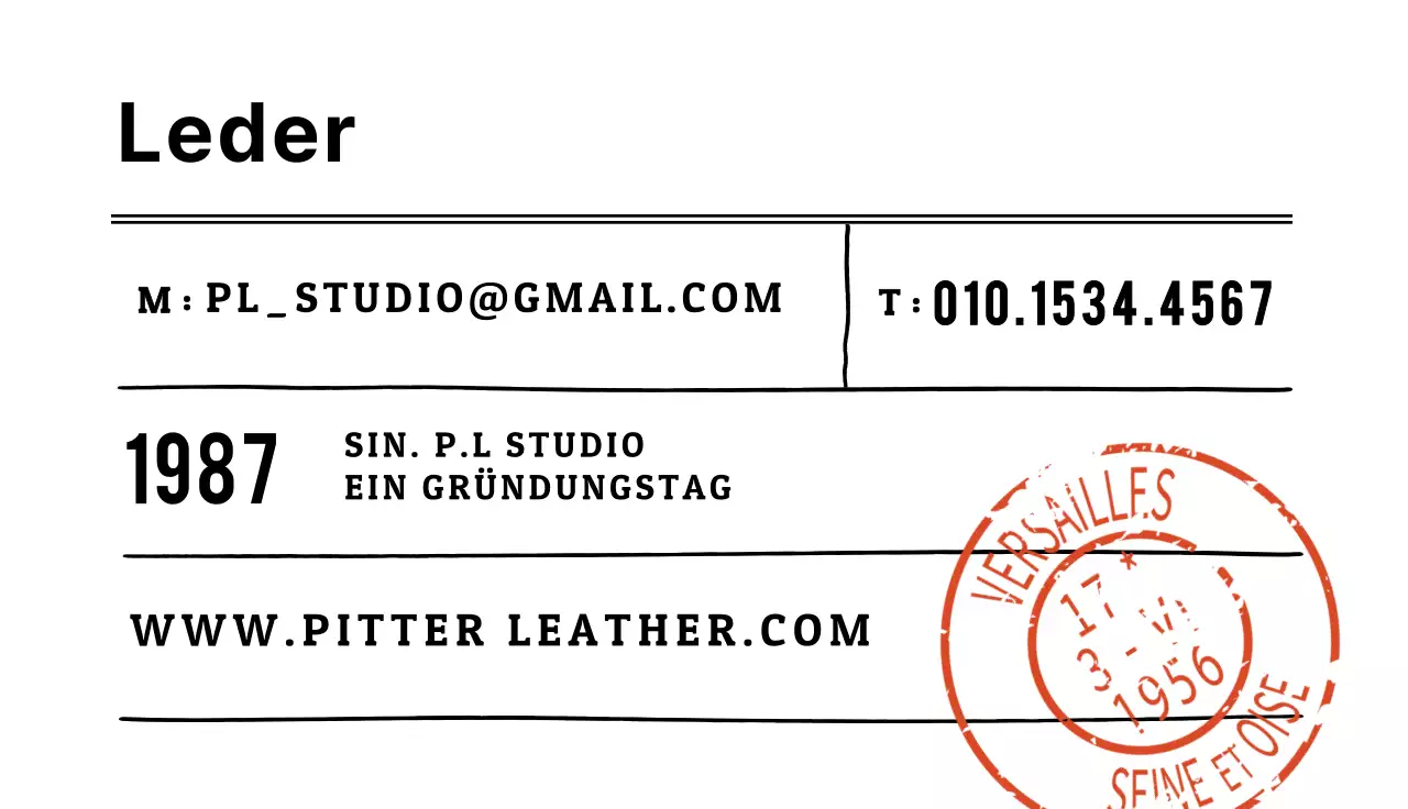Visitenkarte Lederverarbeitung mit englischer Handschrift
