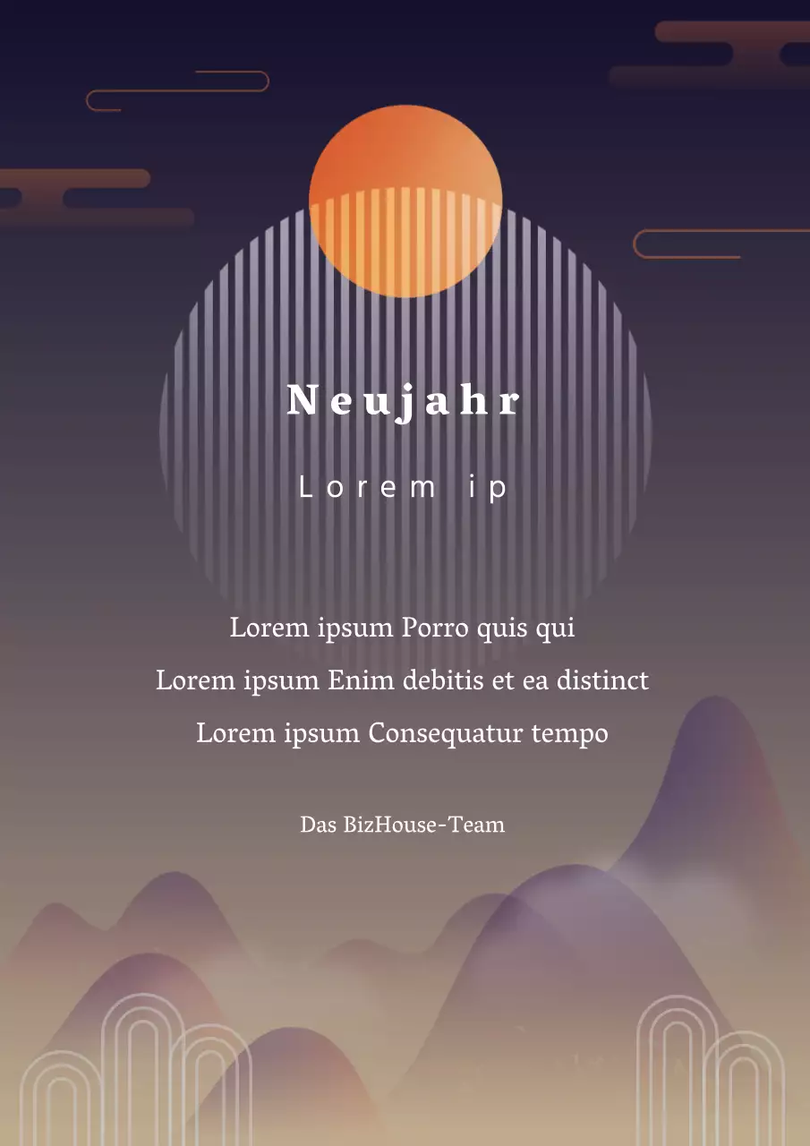 Neujahrsgrüße mit einer orientalischen Landschaftsillustration in Orange und Lila