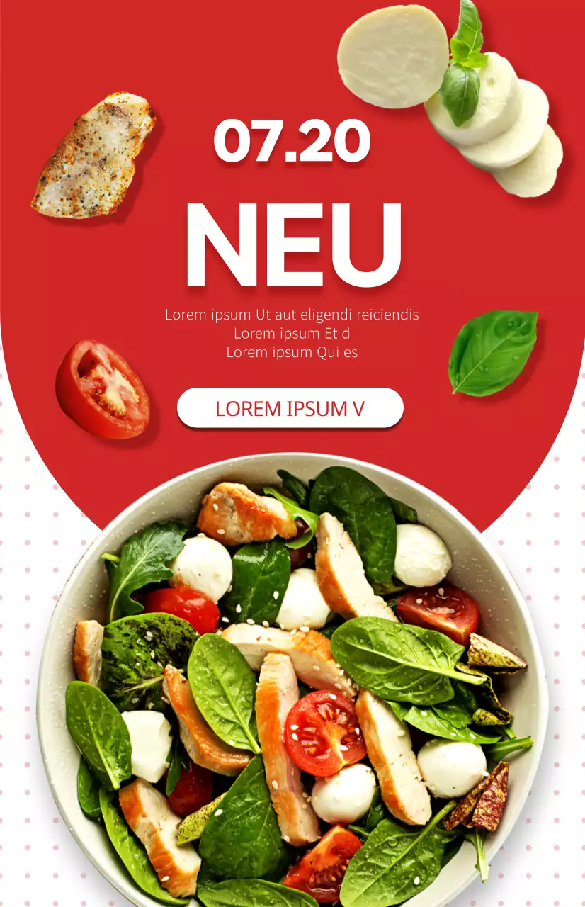 Werbung für ein neues Salatmenü mit einem rot-weißen Punktmuster als Hintergrund