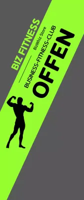 Windbanner zur Eröffnung eines Fitnessstudios mit männlicher Silhouette auf fluoreszierendem Untergrund