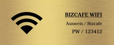 Einfache Beschilderung mit schwarzen Informationen zum Standort des Ladens und einfachen Symbolen