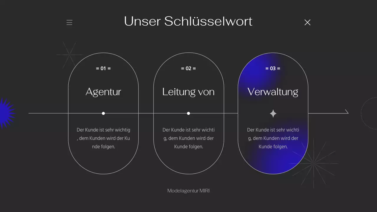 Portfolio mit einfachen Linien und lila Akzenten auf schwarzem Hintergrund