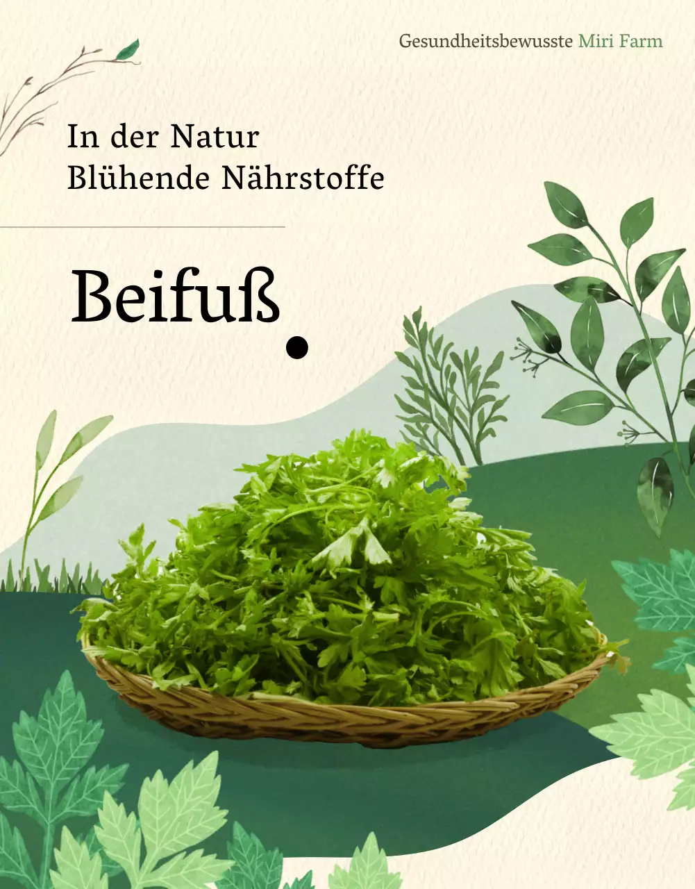 Beifuß-Werbemarketing mit Aquarellillustrationen auf grünem und beigem Hintergrund
