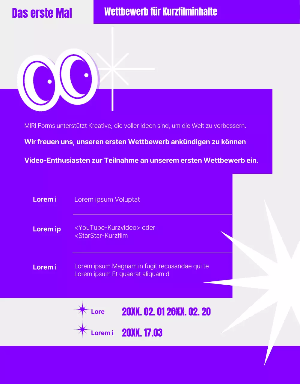 Humorvoller Wettbewerb für Kurzfilme mit lila geometrischen Bildern
