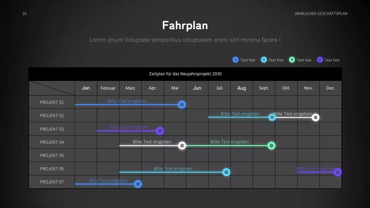 Jährlicher Geschäftsplan für die Automobilindustrie mit blauen und schwarzen beweglichen Grafiken