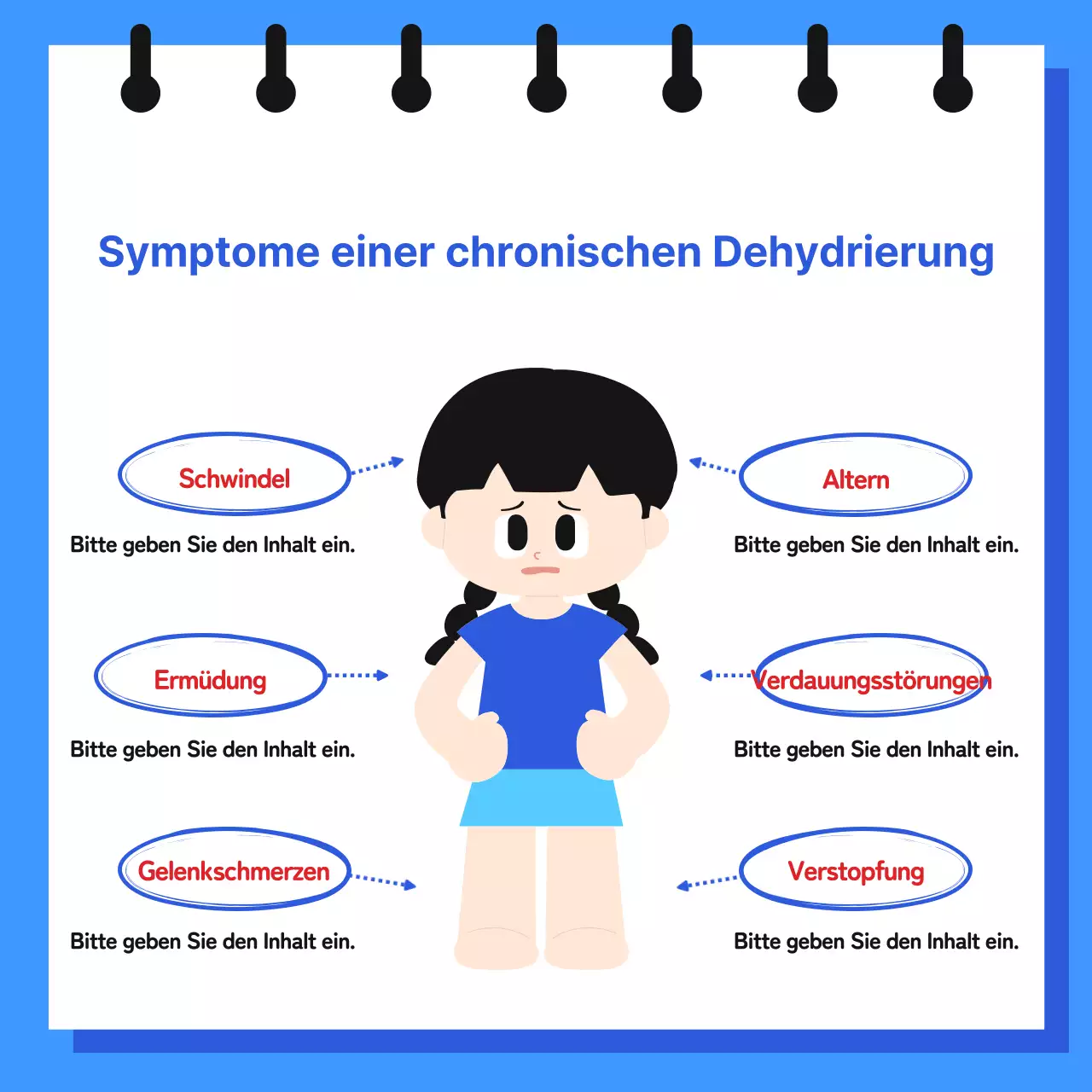 Informationen über chronische Dehydrierung in einem notizbuchartigen Format mit niedlichen, einfachen Illustrationen in Blau und Hellblau.