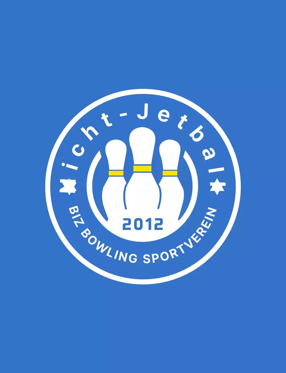 Eine saubere Bowling-Illustration und ein Emblem-Logo in Hellblau, Weiß und Gelb für einen Bowling-Sportverein.